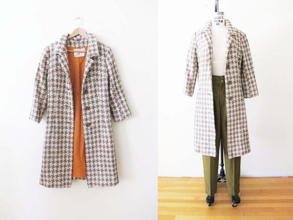 Vintage Jackets & Blazers - Vintage 60s Houndstooth Plaid Boucle Coat - Womens Small